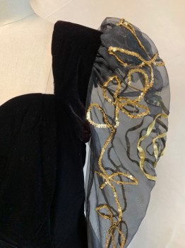 WEEKEND, Black, Gold, Rayon, Solid, Black Velvet, Sweetheart Square Neck, Back Zip, Knee Length, Back Slit, Black Chiffon Puffy Long Sleeves with Gold Sequinned Ribbon and Gold Ribbon, Back Spaghetti Ribbon Tie at Neck