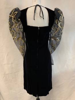 Womens, Cocktail Dress, WEEKEND, Black, Gold, Rayon, Solid, W 26, B 32, Black Velvet, Sweetheart Square Neck, Back Zip, Knee Length, Back Slit, Black Chiffon Puffy Long Sleeves with Gold Sequinned Ribbon and Gold Ribbon, Back Spaghetti Ribbon Tie at Neck