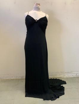 Womens, Evening Gown, BADGLEY MISCHKA, Black, Acetate, Nylon, Solid, B 36, Horizontal Fortuny Pleat Top Gathered at Beaded Center Front Ring. Spaghetti Straps, Zip Back, Train with Pleated Center Panel, Stained Back with Hem Coming Undone (Size 12 Inside Dress, Altered Straps and Bust)