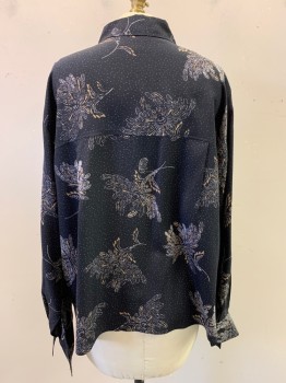 VINCE, Black, Off White, Khaki Brown, Silk, Floral, Pin Dot, Collar Attached, Button Front, Long Sleeves