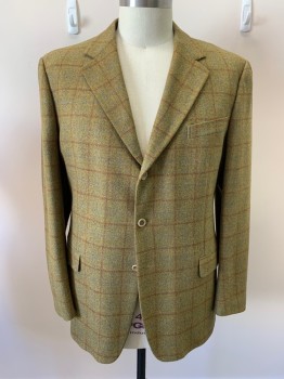 ERMENEGILDO ZEGNA, Olive Green, Lt Blue, Brown, Wool, Cashmere, Plaid-  Windowpane, Variegated Color, 3 Buttons, Single Breasted, 3 Pockets, Notched Lapel, No Vent