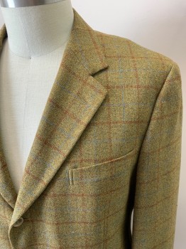 ERMENEGILDO ZEGNA, Olive Green, Lt Blue, Brown, Wool, Cashmere, Plaid-  Windowpane, Variegated Color, 3 Buttons, Single Breasted, 3 Pockets, Notched Lapel, No Vent