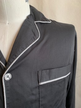 STAFFORD, Black, Lt Gray, Cotton, Polyester, Solid, SHIRT, Collar Attached, Button Front, Long Sleeves, Notched Lapel, 1 Pocket, Light Gray Pipe Trim