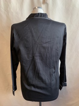 STAFFORD, Black, Lt Gray, Cotton, Polyester, Solid, SHIRT, Collar Attached, Button Front, Long Sleeves, Notched Lapel, 1 Pocket, Light Gray Pipe Trim