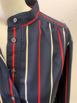 CLUB MONACO, Navy Blue, Cherry Red, Off White, Polyester, Stripes - Vertical , Long Sleeves, Half Button Front, 5 Buttons, Mandarin/Nehru Collar, Small Tucks on Shoulders, Button Cuffs, Curved Hem
