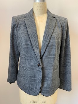 ANN TAYLOR, Gray, Black, Polyester, Rayon, Glen Plaid, L/S, Single Breasted, Notched Lapel, Top Pockets