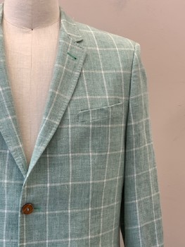 TED BAKER, Mint Green, Sea Foam Green, White, Linen, Polyester, Plaid - Tattersall, L/S, 2 Buttons, Single Breasted, Notched Lapel, 3 Pockets,