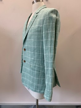 TED BAKER, Mint Green, Sea Foam Green, White, Linen, Polyester, Plaid - Tattersall, L/S, 2 Buttons, Single Breasted, Notched Lapel, 3 Pockets,