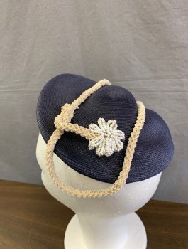 Womens, Hat, NOREEN FASHIONS, Navy Blue, Cream, Straw, Circular Disc Shaped Cap with Cream Beaded Rope Detail Attached with White Seed Beaded Flower