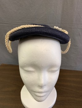 Womens, Hat, NOREEN FASHIONS, Navy Blue, Cream, Straw, Circular Disc Shaped Cap with Cream Beaded Rope Detail Attached with White Seed Beaded Flower