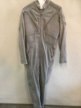 Unisex, Sci-Fi/Fantasy Jumpsuit, MTO, Gray, Synthetic, Solid, W: 33, CH:42, I: 35, Bumpy Textured, Long Sleeves, Full Legs, Stand Collar, Zip Front, Various Ribbed Panels, and Pockets/Compartments, Elastic Panel At Center Back Waist, Made To Order *Distressed