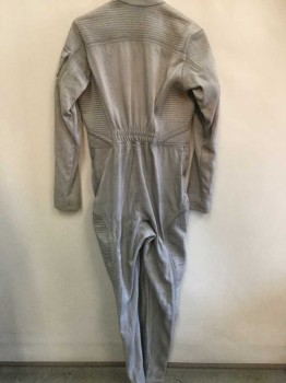 Unisex, Sci-Fi/Fantasy Jumpsuit, MTO, Gray, Synthetic, Solid, W: 33, CH:42, I: 35, Bumpy Textured, Long Sleeves, Full Legs, Stand Collar, Zip Front, Various Ribbed Panels, and Pockets/Compartments, Elastic Panel At Center Back Waist, Made To Order *Distressed