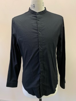 H&M, Black, Cotton, Solid, Band Collar, Button Front, L/S,