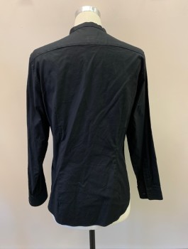 H&M, Black, Cotton, Solid, Band Collar, Button Front, L/S,