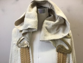 Unisex, Historical Fiction Robe , MTO, Ivory White, Silk, Metallic/Metal, Solid, O/S, Leather Cape Ties, Brass Cobra Snake on Each Shoulder, Yellow-Tan Tone Wide Gimp Down Center Fronts, Hood, Dirty Hem, Egyptian Jedi