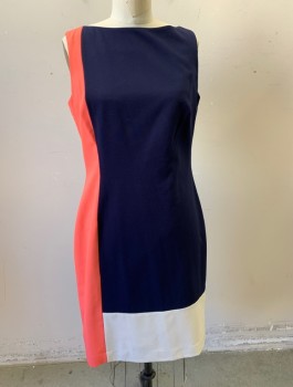 RALPH LAUREN, Navy Blue, Salmon Pink, White, Polyester, Rayon, Color Blocking, Bateau/Boat Neck, Mostly Navy with Column of Salmon at Side, and White at Hem, Straight Fit, Knee Length, Invisible Zipper in Back
