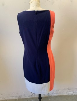 RALPH LAUREN, Navy Blue, Salmon Pink, White, Polyester, Rayon, Color Blocking, Bateau/Boat Neck, Mostly Navy with Column of Salmon at Side, and White at Hem, Straight Fit, Knee Length, Invisible Zipper in Back