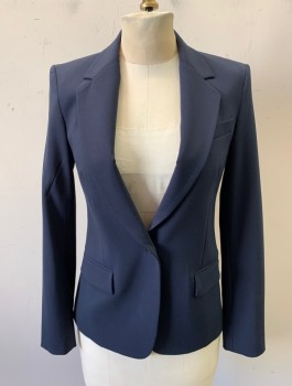 THEORY, Navy Blue, Wool, Elastane, Solid, Single Breasted, 1 Button, Notched Lapel, Fitted, 3 Pockets, Lightly Padded Shoulders