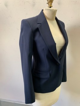 THEORY, Navy Blue, Wool, Elastane, Solid, Single Breasted, 1 Button, Notched Lapel, Fitted, 3 Pockets, Lightly Padded Shoulders