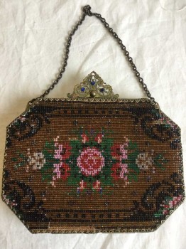 Womens, Purse 1890s-1910s, Brown, Multi-color, Beaded, Floral, Brown Black Green Pink Red Clear & Blue Beaded with Floral Pattern, Antique Brass Filigree Frame with One Chain Strap, Perfect Condition Inside & Out,