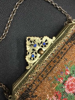 Womens, Purse 1890s-1910s, Brown, Multi-color, Beaded, Floral, Brown Black Green Pink Red Clear & Blue Beaded with Floral Pattern, Antique Brass Filigree Frame with One Chain Strap, Perfect Condition Inside & Out,