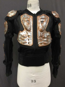Mens, Jacket, N/L, Black, Silver, Copper Metallic, Polyester, Plastic, Color Blocking, L, Motocross Jacket With Aged/Distressed Metallic Looking Plastic Pieces Attached To Elastic Mesh Fitted Zip Front Jacket, Lots Of Elastic Straps And Buckles
