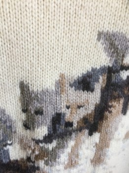 RALPH LAUREN, Cream, Beige, Gray, Forest Green, Brown, Wool, Novelty Pattern, Cream with Multicolor Huskies Pulling a Dog Sled Novelty Knit, Long Sleeves, Pullover with 6" Long Zipper at Center Front Neck, Hooded