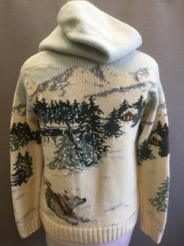 RALPH LAUREN, Cream, Beige, Gray, Forest Green, Brown, Wool, Novelty Pattern, Cream with Multicolor Huskies Pulling a Dog Sled Novelty Knit, Long Sleeves, Pullover with 6" Long Zipper at Center Front Neck, Hooded