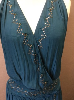 RAMY BROOK, Turquoise Blue, Silver, Gold, Polyester, Ramie, Solid, Turquoise, Overlap V-neck, with Triangle Embroidery & Zig-Zag Small Brass/silver Studs & Circle Detail Along Neckline, Waist Band & Overlap Skirt, Pull Over, Sleeveless,