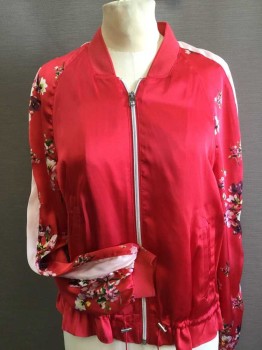 DIVIDED, Red, Pink, Yellow, White, Black, Polyester, Silk, Solid, Floral, JACKET:  Red Front & Back, Red W/pink,green, White, Yellow,black Floral Print Long Sleeves, W/1-3/4" Stripe In The Middle, Zip Front, Red Ribbed Knit Collar Attached & Cuffs, D-string Hem, 2 Hidden Slant Pockets W/arrow Seams Detail