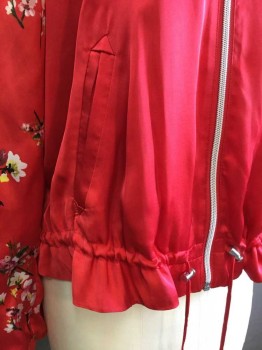 DIVIDED, Red, Pink, Yellow, White, Black, Polyester, Silk, Solid, Floral, JACKET:  Red Front & Back, Red W/pink,green, White, Yellow,black Floral Print Long Sleeves, W/1-3/4" Stripe In The Middle, Zip Front, Red Ribbed Knit Collar Attached & Cuffs, D-string Hem, 2 Hidden Slant Pockets W/arrow Seams Detail
