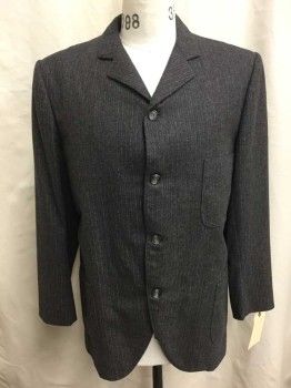 Mens, Jacket 1890s-1910s, NO LABEL, Charcoal Gray, Red, Lt Gray, Wool, Stripes, 44, 5 Button Closure, 3 Patch Pockets,