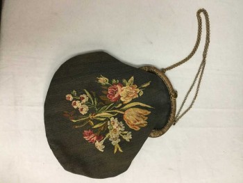Womens, Purse 1890s-1910s, N/L, Olive Green, Yellow, Red, Green, Brass Metallic, Cotton, Olive/Black Woven with Flowers Bouquet Woven In, U-shaped Tooled Brass Closure, Brass Double Chain, "A.P" Initials Woven In,