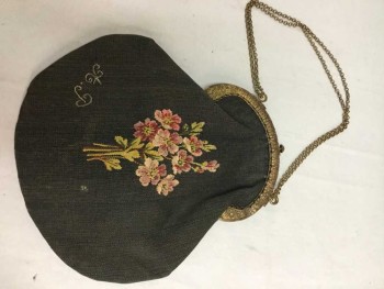Womens, Purse 1890s-1910s, N/L, Olive Green, Yellow, Red, Green, Brass Metallic, Cotton, Olive/Black Woven with Flowers Bouquet Woven In, U-shaped Tooled Brass Closure, Brass Double Chain, "A.P" Initials Woven In,