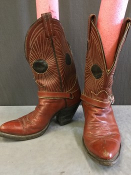 Womens, Cowboy Boots, TONY LAMA, Sienna Brown, Brown, Cream, Leather, Geometric, 9, Pointy Toe, Attached Stirrup with Buckle, Exaggerated Slant to 3" Stack Heel, Sun Ray Stitching on Quarters