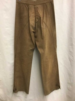 N/L, Caramel Brown, Cotton, Solid, Canvas/Duck, Flat Front, 3 Button Fly, Brown Topstitching, V Shape/Diagonal Topstitching At Center Front Crotch To Hem, Curved Stitching At Bum, Hem Is Unfinished/Frayed, Lightly Aged/Worn Throughout