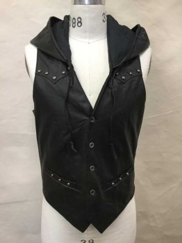Mens, Leather Vest, Scully, Black, Leather, 38, Button Front, Hood, Silver Studs, 2 Pockets, Ornate Wood Cross Applique On Back, BARCODE is on the Right Side, Under the Lining.