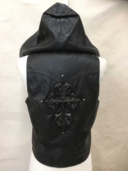 Mens, Leather Vest, Scully, Black, Leather, 38, Button Front, Hood, Silver Studs, 2 Pockets, Ornate Wood Cross Applique On Back, BARCODE is on the Right Side, Under the Lining.