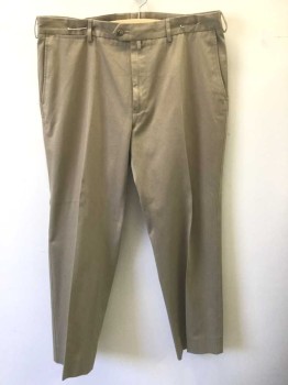 FACCONABLE, Beige, Cotton, Solid, Flat Front, Button Tab Waist, Zip Fly, 5 Pockets, Tapered Leg