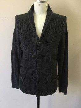 ABERCROMBIE & FITCH, Charcoal Gray, Cotton, Shawl Collar, Geometric and Dotted Knit Stripes, Long Sleeves, 5 Buttons, 2 Pockets