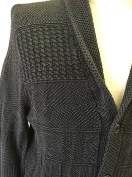 ABERCROMBIE & FITCH, Charcoal Gray, Cotton, Shawl Collar, Geometric and Dotted Knit Stripes, Long Sleeves, 5 Buttons, 2 Pockets