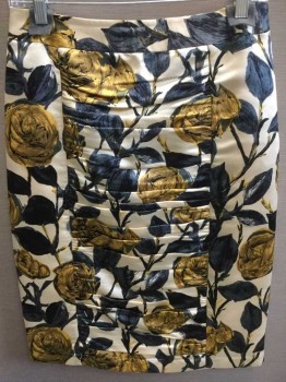 MILLY, Beige, Gray, Yellow, Silk, Polyester, Floral, Beige W/gray, Dark Yellow Large Floral Print, 1-1/2" Waistband, Horizontal Pleats Front & Back Center, Side Zipper,