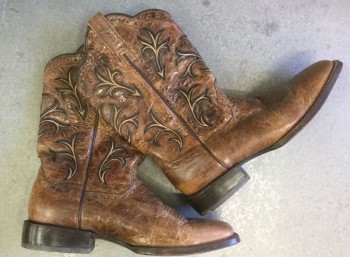Mens, Cowboy Boots , ARIAT, Brown, Dk Brown, Tan Brown, Leather, 11.5, Brown Leather, with Western Style Brown Cutouts with Tan Embroidery, Square Toe, 1.5" Heel, Scallopped Leg Opening