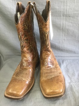 ARIAT, Brown, Dk Brown, Tan Brown, Leather, Brown Leather, with Western Style Brown Cutouts with Tan Embroidery, Square Toe, 1.5" Heel, Scallopped Leg Opening