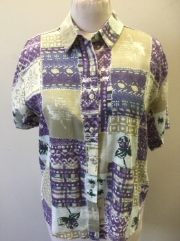 CASCADE BLUES, Cream, Lt Brown, Purple, Lt Olive Grn, Green, Cotton, Polyester, Floral, Color Blocking, Khaki with White, Purple/blue/green Floral Abstract Block Print, Collar Attached, Button Front, Short Sleeves,