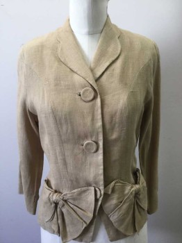 Womens, 1930s Vintage, Suit, Jacket, MTO, Lt Brown, Off White, Pink, Green, Chartreuse Green, Cotton, Linen, Novelty Pattern, Solid, B 34, Cloverleaf Collar/lapel, 3 Button Front, Long Sleeves, 2 Self Bows in Place of Pockets, No Lining, 1 Small White Stain on Front