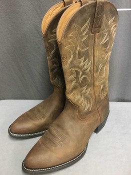 ARIAT, Brown, Tan Brown, Beige, Leather, Brown Leather with Brown, Tan & Beige Embroidery, 2" Black Heel and Sole