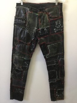 Mens, Leather Pants, R13, Black, Red, Green, White, Cotton, Leather, Patchwork, Novelty Pattern, 34, 31, Zip Front, 4 Pockets, Belt Loops, Painted, Torn, Patched, Net, and Embroidery Thread, Rock and Roll, Post Apocalyptic