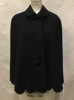 Womens, Poncho, KATE SPADE, Black, Wool, Cotton, Solid, S, Black, Button Front, Collar Attached with Bow, Scallopped Trim
