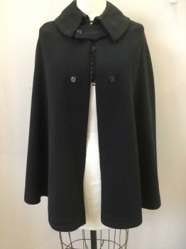 Womens, Cape 1890s-1910s, MTO, Black, Wool, Solid, O/S, Rounded Collar Attached, Raw Hem with Multiple Lined Stitching, Hook & Eyes Neck, Angular Under Placket, 1 Detachable Button Closure